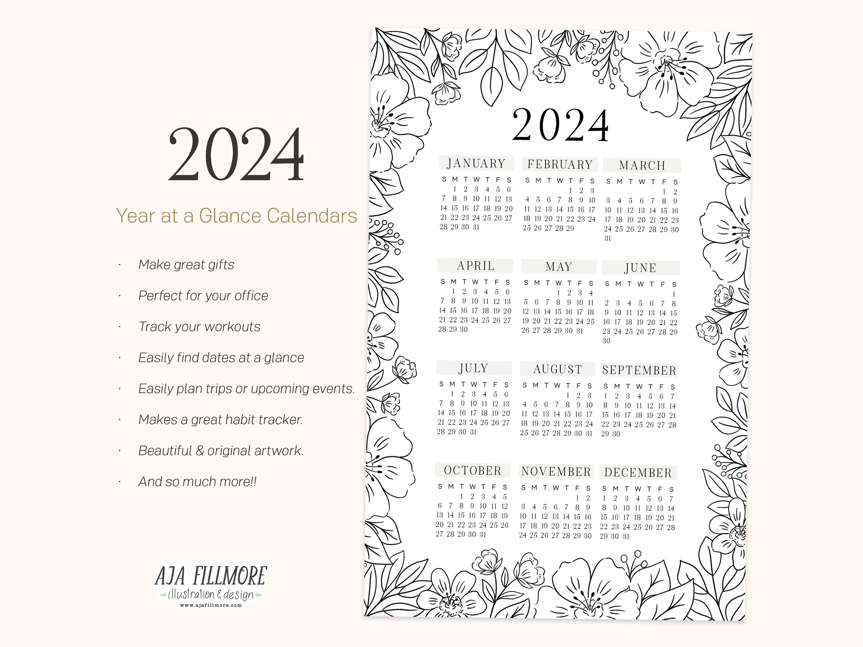 2024 Year at a Glance Calendar, 2024 Wall Calendar, 2024 Digital Wall