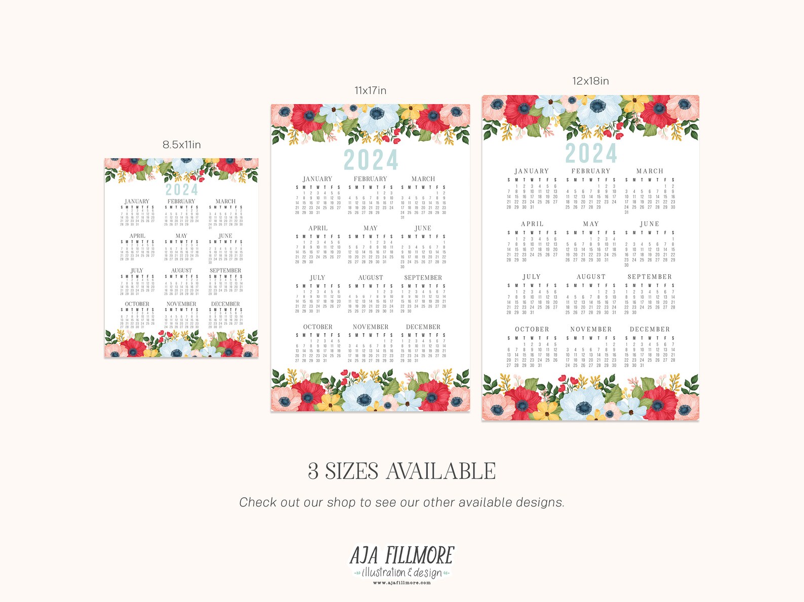 2024 Year at a Glance Calendar, 2024 Wall Calendar, 2024 Digital Wall