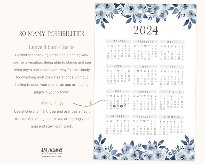 2024 Year at a Glance Calendar, 2024 Wall Calendar, 2024 Digital Wall