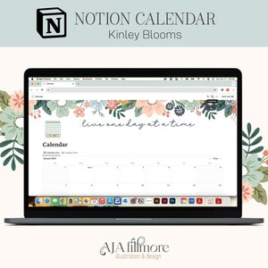 May include: A laptop computer displaying a Notion calendar with a floral design and the text "live one day at a time". The calendar is for January 2020 and shows the days of the week and the numbers 1 through 31. The laptop is on a white background.