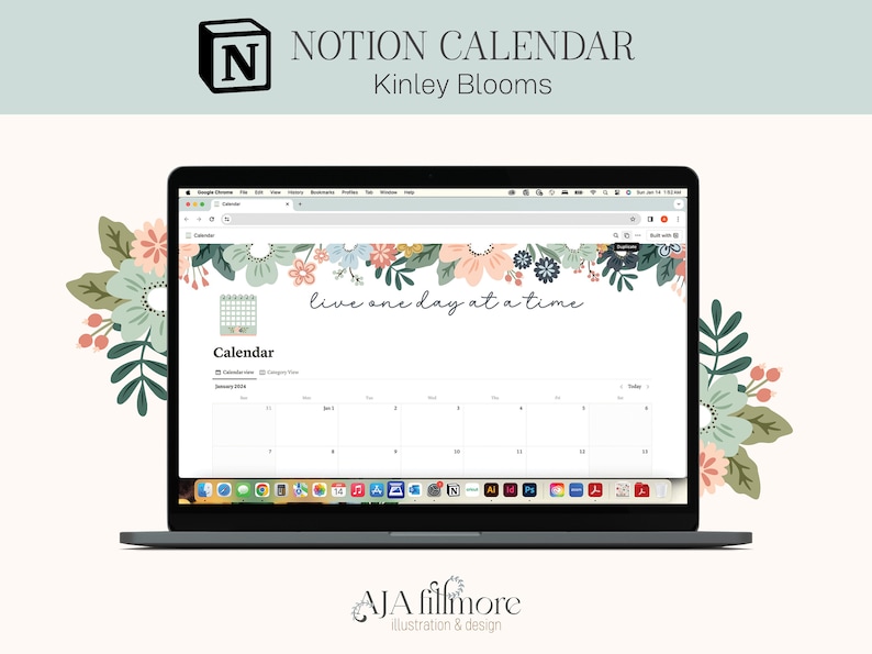 May include: A laptop computer displaying a Notion calendar with a floral design and the text "live one day at a time". The calendar is for January 2020 and shows the days of the week and the numbers 1 through 31. The laptop is on a white background.