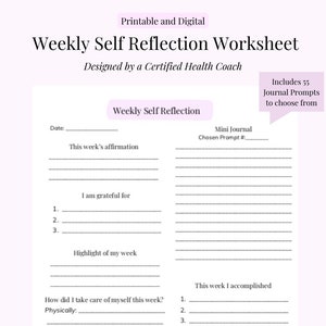 Weekly Self Reflection Worksheet and Journal Prompts, Self-Care Check-In, Printable and Instant Download