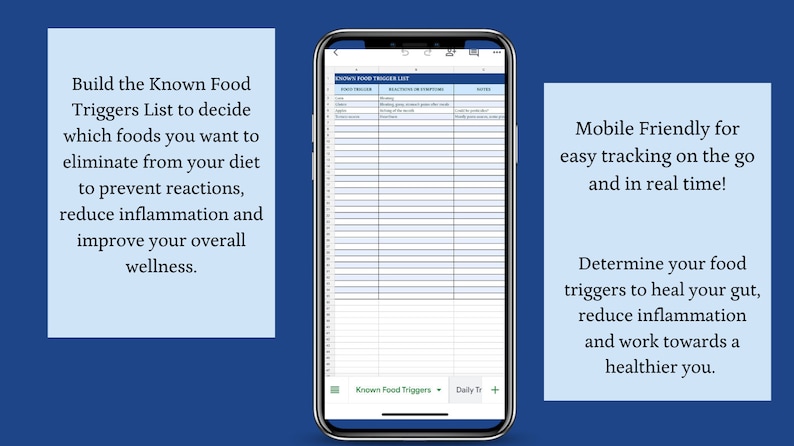 May include: A smartphone displays a food trigger list on a spreadsheet. Text on the screen reads "Known Food Triggers List." Surrounding text explains how to eliminate foods to prevent reactions and improve wellness. The phone is on a blue background.