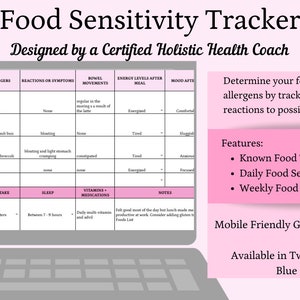 May include: A pink and white digital food sensitivity tracker template, designed by a certified holistic health coach. The tracker includes sections for food triggers, reactions, and symptoms. Features include a known food triggers list and daily/weekly trackers.