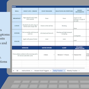 May include: A digital daily tracker displayed on a laptop screen. The tracker includes sections to record meals, food triggers, reactions, bowel movements, energy levels, and mood. The text "Daily Tracker" is at the top.