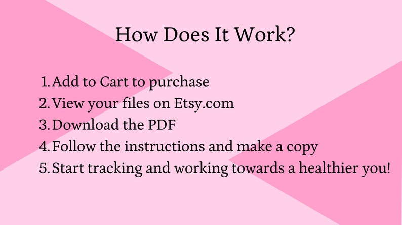 May include: A pink and white graphic with the text "How Does It Work?" and numbered steps: Add to Cart, View files on Etsy.com, Download the PDF, Follow instructions, and Start tracking for a healthier you!