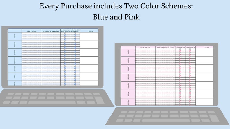 May include: Two laptops displaying a digital form with columns for food triggers, reactions, and intolerances. The text at the top says "Every Purchase includes Two Color Schemes: Blue and Pink."