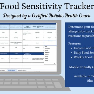 May include: A digital food sensitivity tracker displayed on a laptop screen. The tracker, designed by a certified holistic health coach, helps users identify food triggers and track symptoms. Features include a known food triggers list and a weekly tracker. Available in blue and pink color schemes.