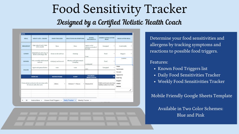 May include: A digital food sensitivity tracker displayed on a laptop screen. The tracker, designed by a certified holistic health coach, helps users identify food triggers and track symptoms. Features include a known food triggers list and a weekly tracker. Available in blue and pink color schemes.