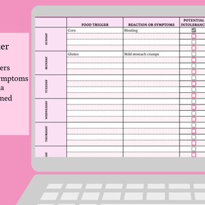 May include: A pink digital weekly tracker displayed on a laptop screen. The tracker includes sections for food triggers, reactions, potential and confirmed intolerances, and notes. The text "Weekly Tracker" is visible, along with bullet points listing the tracker's functions.