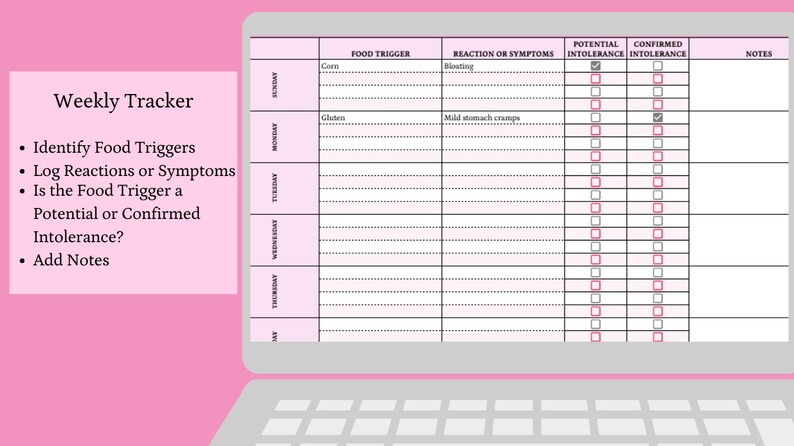 May include: A pink digital weekly tracker displayed on a laptop screen. The tracker includes sections for food triggers, reactions, potential and confirmed intolerances, and notes. The text "Weekly Tracker" is visible, along with bullet points listing the tracker's functions.