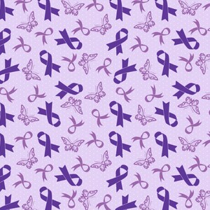 May include: A light purple fabric pattern featuring a repeating design of dark purple awareness ribbons and butterflies. The background is a soft lavender shade decorated with a subtle, tiny white polka dot print throughout the entire surface.