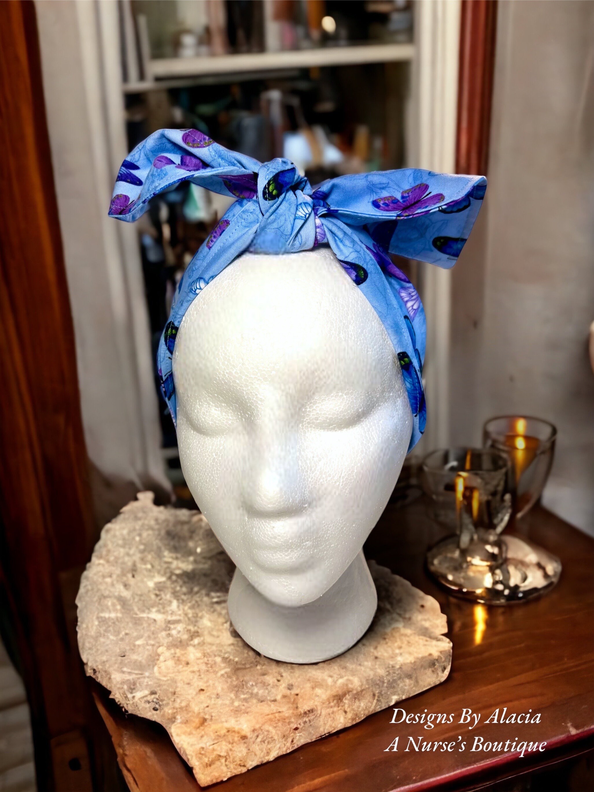 Blue Purple Butterfly Head Scarf Hair Wrap Headband 100 Cotton Tie Bow