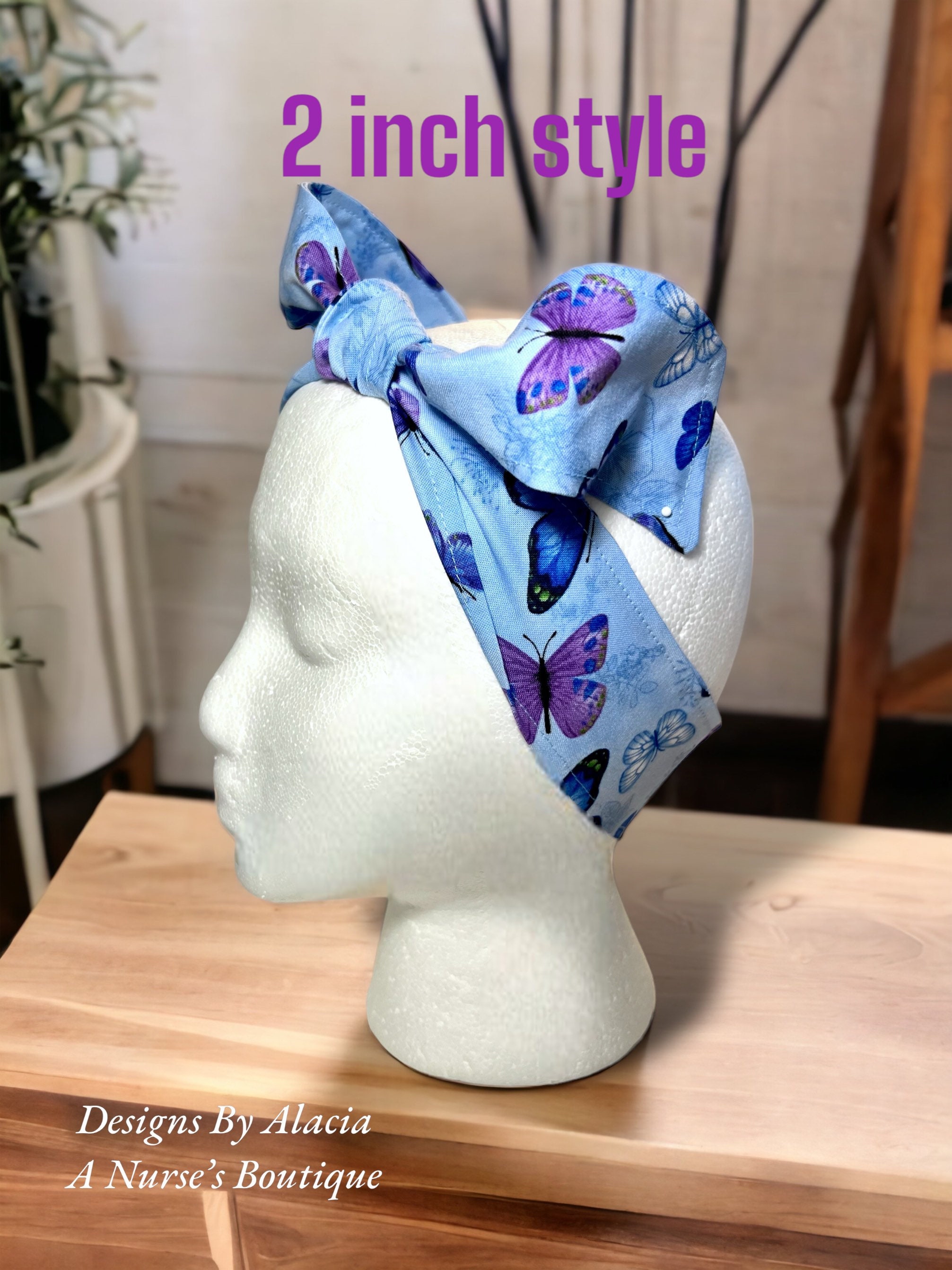 Blue Purple Butterfly Head Scarf Hair Wrap Headband 100 Cotton Tie Bow