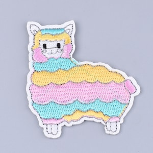 May include: Embroidered patch featuring a colorful llama design. The llama has a white face with black eyes and a smiling mouth. Its body is made up of horizontal stripes in shades of yellow, pink, and blue. The patch is outlined with silver thread.