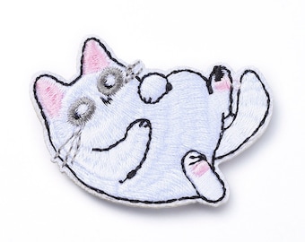Fat white Cat Embroidered Patch Iron On Applique