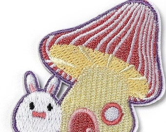 Rabbit with mushroom house- Iron on patch - Embroided patch - Applique