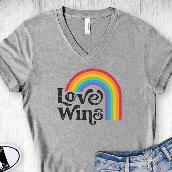 Love Wins Shirt, V-neck Tee, Gay Pride T-Shirt, LGBTQ+ shirt, Pride Shirt, Pride Parade shirt, Cute T Shirt, Rainbow Shirt, Love Wins Tee