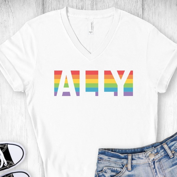 Gay Ally V-Neck T-Shirt, Rainbow Shirt, Rainbow Pride Shirt, Gay Pride T-Shirt, LGBTQ+ Support, Pride Parade tee, Inclusive, Proud Ally