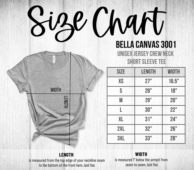 Puede incluir: Tabla de tallas para la camiseta de manga corta de cuello redondo de jersey unisex Bella Canvas 3001. La tabla muestra las tallas XS a 3XL con las medidas de longitud y ancho correspondientes en pulgadas.