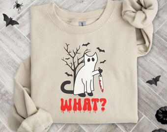 Ghost Cat Halloween Sweatshirt: Spooky Season Crew Neck