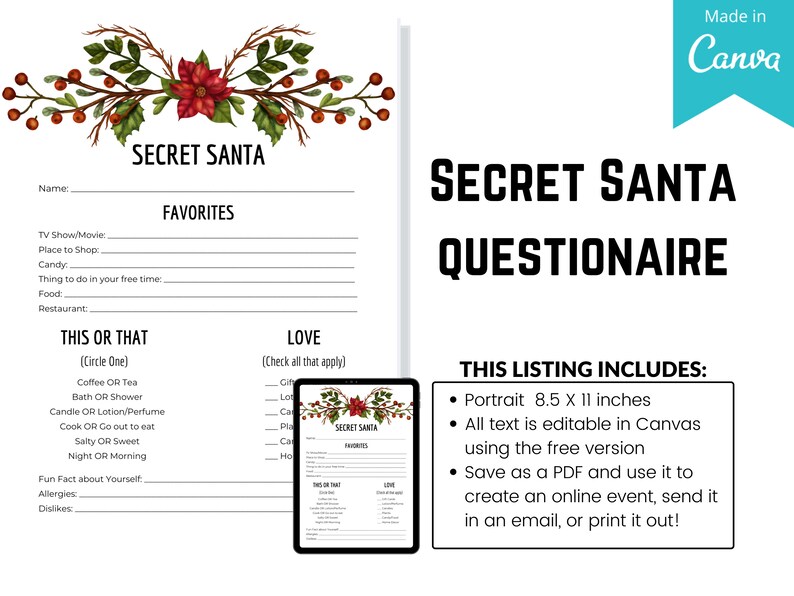 EDITABLE Secret Santa Questionnaire, Secret Santa Template, Christmas Gift Exchange ...
