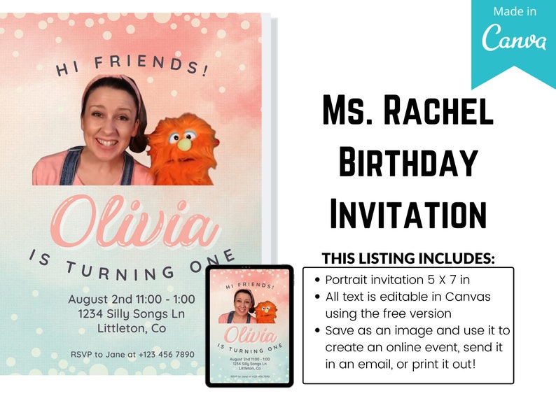 EDITABLE Ms. Rachel Birthday Invitation; Instant Download Ms. Rachel ...