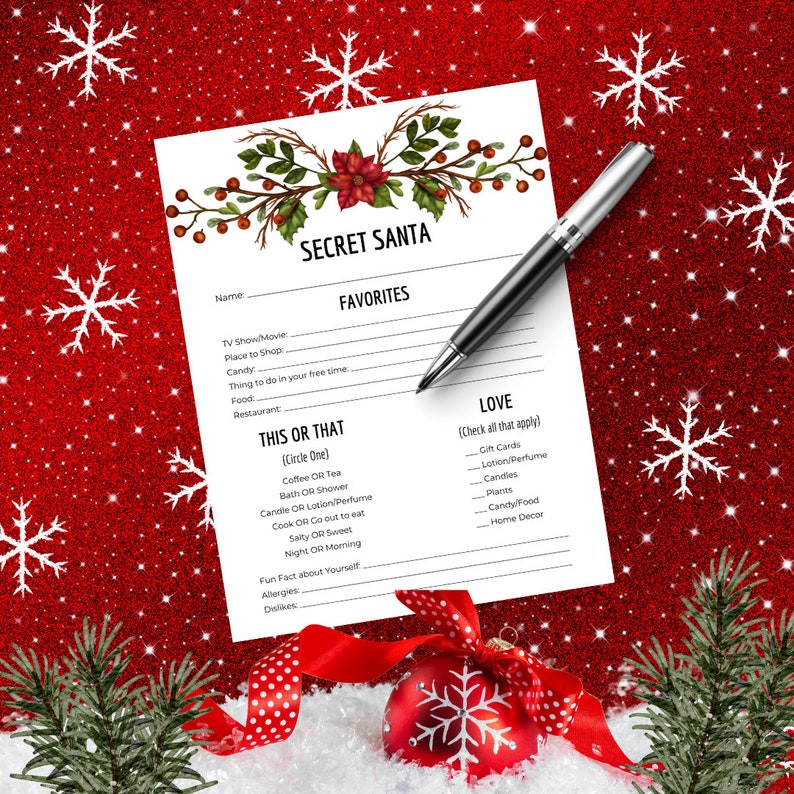EDITABLE Secret Santa Questionnaire, Secret Santa Template, Christmas EDITABLE Secret Santa Questionnaire, Secret Santa Template, Christmas
