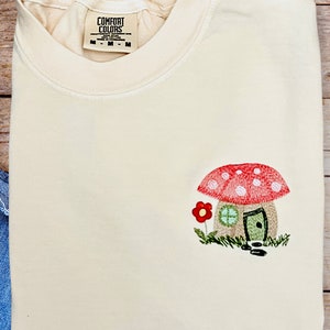 Embroidered Mushroom House, Flower, Nature Tee, Cottagecore, Gift