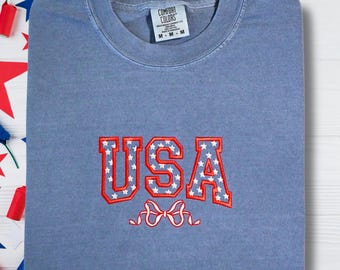 Embroidered USA T-shirt, Comfort Colors Tee, Patriotic Bow Coquette