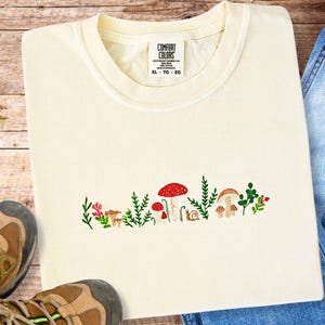 Forest Mushrooms Embroidered Comfort Colors T-shirt, Flowers, Nature Tee, Cottagecore, Gift