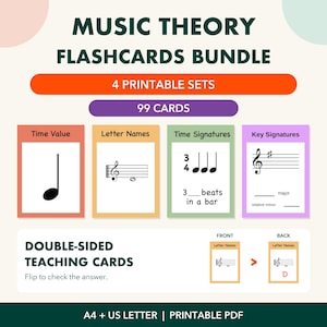 May include: A Music Theory Flashcards Bundle featuring 99 printable cards across 4 sets. The cards cover Time Value, Letter Names, Time Signatures, and Key Signatures. These double-sided teaching cards are provided as a printable PDF in A4 and US Letter sizes.