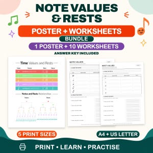 May include: A music education bundle featuring a colorful poster titled Note Values & Rests, 10 worksheets, and an answer key. The poster displays musical note and rest values with a chart. The worksheets include exercises to name and draw notes and rests.