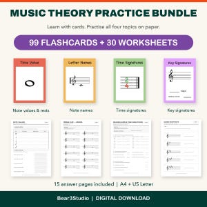 Puede incluir: Un paquete de práctica de teoría musical con 99 tarjetas didácticas y 30 hojas de trabajo. El conjunto incluye temas sobre valores de notas, nombres de letras, compases y armaduras de clave. Incluye 15 páginas de respuestas en formato A4.