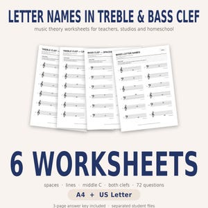 Pode incluir: Quatro folhas de exercícios de teoria musical em branco com exercícios de clave de sol e clave de fá. As páginas incluem o texto 'LETTER NAMES IN TREBLE & BASS CLEF', 'TREBLE CLEF', 'BASS CLEF' e 'MIXED LETTER NAMES' com pautas e notas.