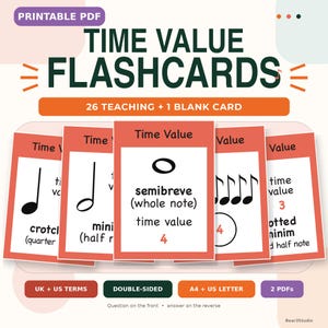 May include: A set of printable flashcards featuring musical time values, including 26 teaching cards and 1 blank card. Each card displays a musical note symbol, its name in both UK and US terms, and its numerical time value. The cards are double-sided.
