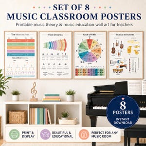 May include: A set of 8 music classroom posters featuring educational charts on time values, music dynamics, the circle of fifths, and musical instruments. The posters display text including "SET OF 8 MUSIC CLASSROOM POSTERS" and "INSTANT DOWNLOAD".