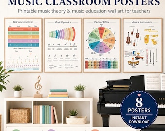 May include: A set of 8 music classroom posters featuring educational charts on time values, music dynamics, the circle of fifths, and musical instruments. The posters display text including "SET OF 8 MUSIC CLASSROOM POSTERS" and "INSTANT DOWNLOAD".
