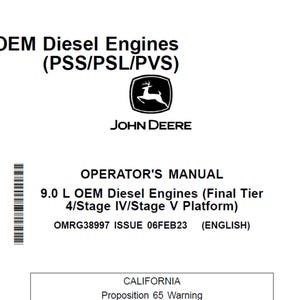 Könnte beinhalten: Ein weißes Dokument mit schwarzem Text, das 9.0L OEM-Dieselmotoren beschreibt. Das John Deere-Logo befindet sich zentriert über dem Text "OPERATOR'S MANUAL". Das Dokument enthält den Text "Final Tier 4/Stage IV/Stage V Platform".