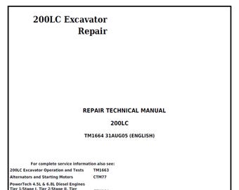 John Deere 200LC Excavator Repair Technical Manual TM1664 PDF