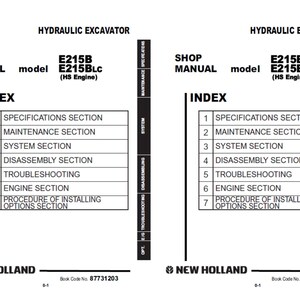 Może przedstawiać: Dwie instrukcje warsztatowe do koparki hydraulicznej. Każda instrukcja zawiera indeks z sekcjami dotyczącymi specyfikacji, konserwacji, systemu, demontażu, rozwiązywania problemów, silnika i opcji. Model to E215B E215BLc.