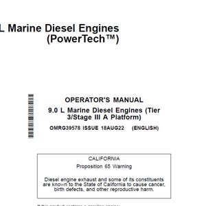 Könnte beinhalten: Ein weißes Dokument mit dem Text "9.0 L Marine Diesel Engines (PowerTech™)" oben. Das Dokument ist eine Bedienungsanleitung für 9,0 L Marine Dieselmotoren (Tier 3/Stage III A Platform). Es enthält einen kalifornischen Proposition 65-Warnhinweis.