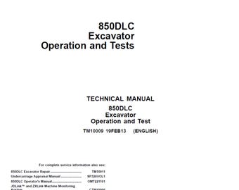 Manual técnico de funcionamiento y pruebas de la excavadora John Deere 850DLC TM10009 PDF