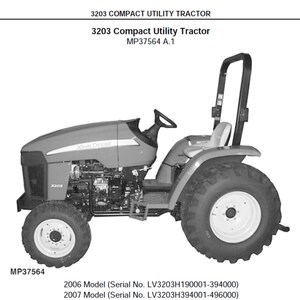 May include: A monochrome image of a 3203 Compact Utility Tractor. The tractor features large rear wheels and smaller front wheels. The image includes the text "3203 Compact Utility Tractor" and model details.