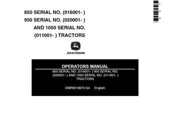 John Deere 850 Tractor Maintenance and Operators Manual OMRW19870 PDF