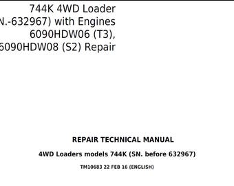 John Deere 744K 4WD Loader with Engines 6090HDW06 (T3), 6090HDW08 (S2) Repair Technical Manual TM10683 PDF