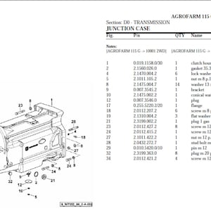 Op de afbeelding: Een explosietekening van een transmissie-aansluitkast, met het label "AGROFARM 115 G -> 10001." De tekening toont diverse mechanische componenten met onderdeelnummers en hoeveelheden. Het is een technische illustratie.