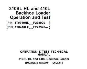 John Deere 310SL HL und 410L Baggerlader Betrieb und Test Technisches Handbuch TM13299X19 PDF