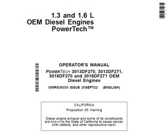 John Deere PowerTech 3013DF270, 3013DF271, 3016DF270 and 3016DF271 OEM Diesel Engines Maintenance and Operator Manual OMRG36330 PDF