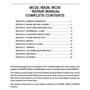 May include: A white page displays the table of contents for a repair manual. The title reads "MC22, MX28, MC35 Repair Manual Complete Contents." Sections include general information, engine systems, axles, brakes, and electrical components. The manual is for MC22, MC28, and MC35 tractors.